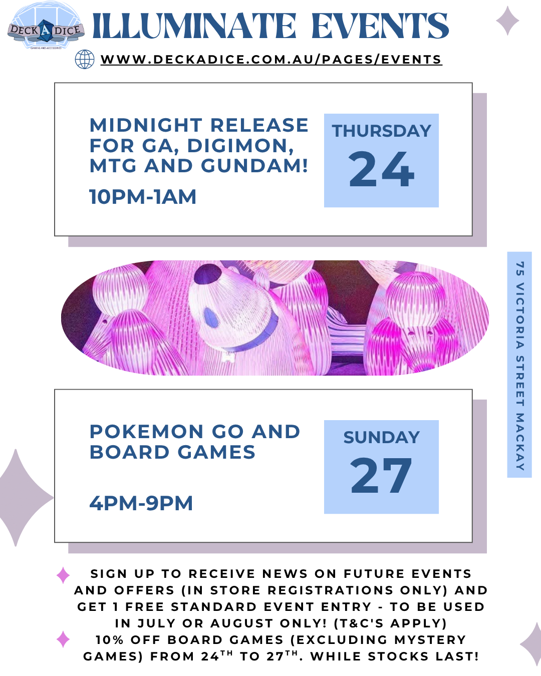 Promotional flyer for Deckadice events including midnight release and Pokemon Go and board games session.