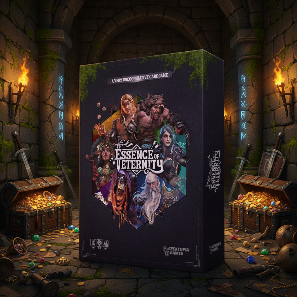 Card game box titled 'Essence of Eternity' with character illustrations on a black background