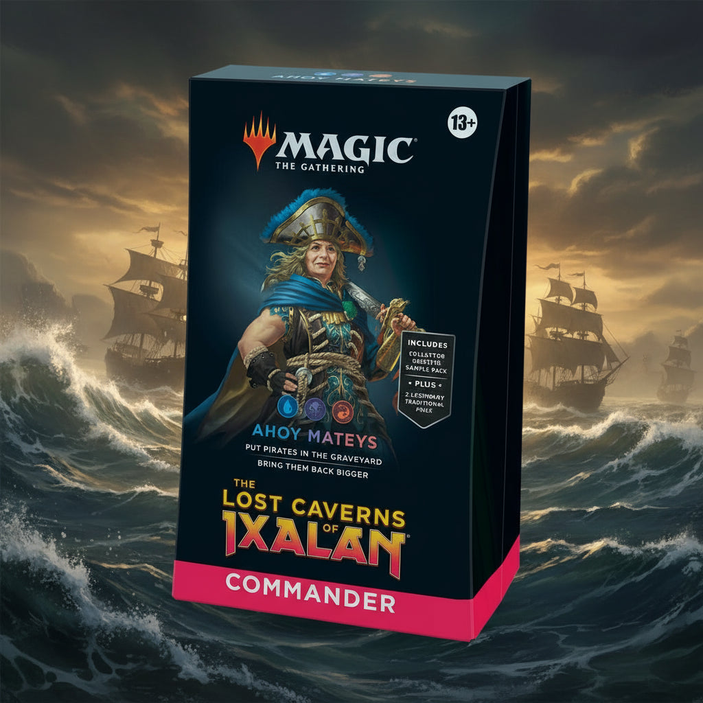 Card game box for 'The Lost Caverns of Ixalan' featuring a pirate character and 'Magic: The Gathering' branding.