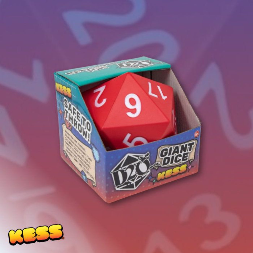 Red polyhedral dice in a Kess packaging on a colorful background