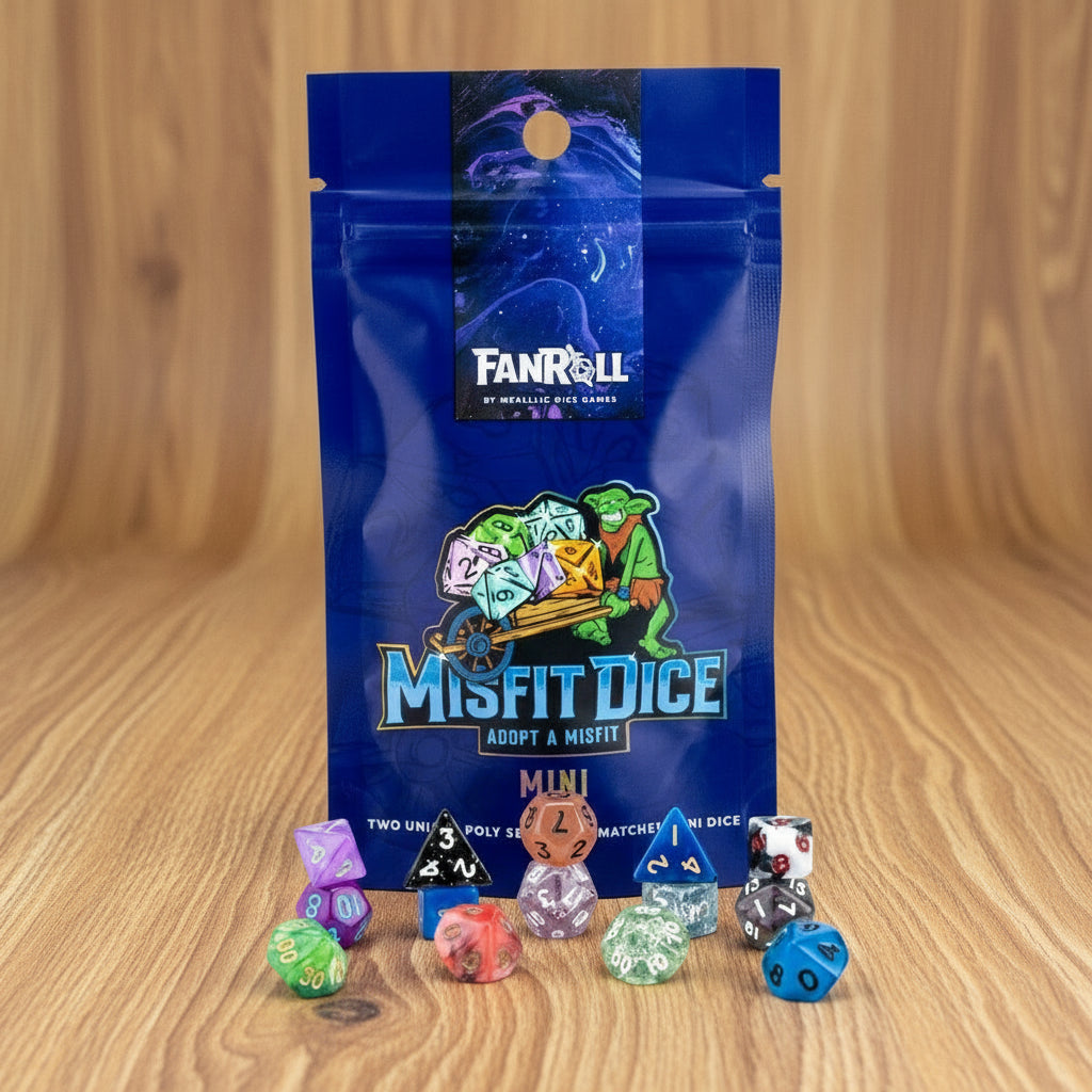 Fanroll Misfit Dice packaging with dice on a white background