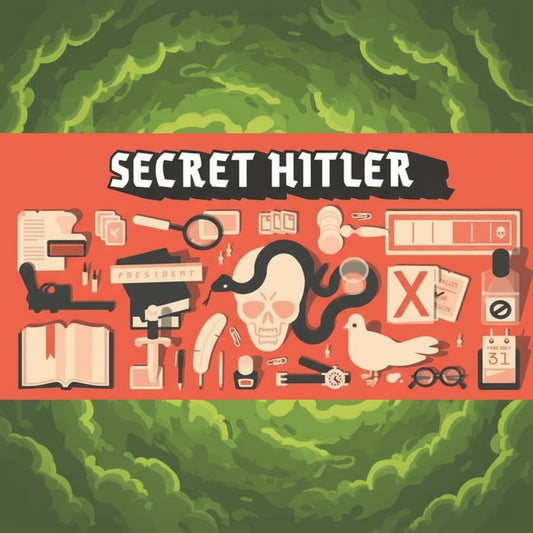 Illustrated cover of 'Secret Hitler' with various symbols and objects on a red background.