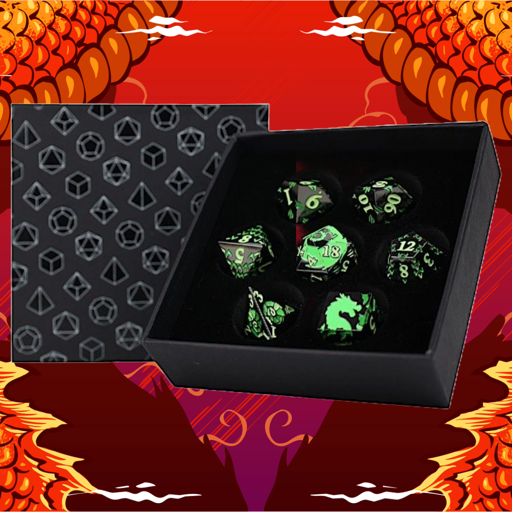 LPG Metal Dice RPG Set Inscripted Dragon