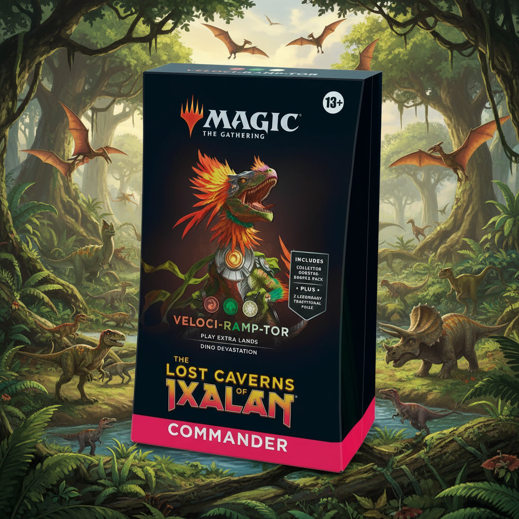 Card game box for 'Magic: The Gathering' featuring Velociramp-Tor and 'The Lost Caverns of Ixalan'.