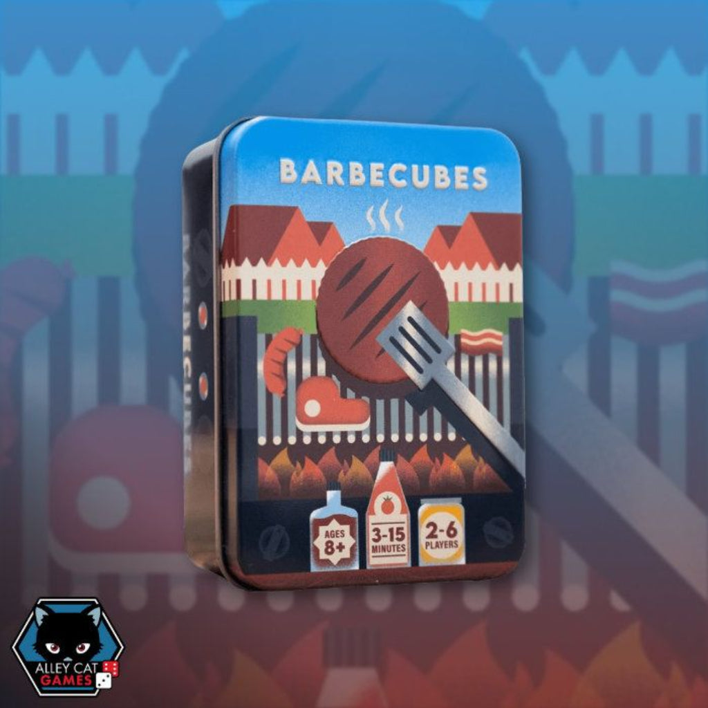 Barbecubes game box with grill and food illustration on a blue background